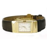 A ladies gold plated Versace quartz strap watch, white dial with baton numerals, black leather