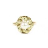 A Continental gold single stone pearl ring, (tested as approximately 18ct gold) possibly Portuguese