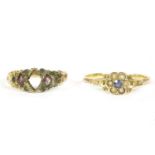 A Continental gold sapphire and split pearl cluster ring, (tested as approximately 14ct) and a