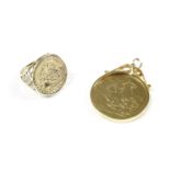 A 9ct gold ring set with a medallion, (tested as approximately 18ct gold), a gilt Victorian coin set