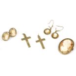 Two 9ct gold cross pendants, a rolled gold cameo brooch, and two pairs of cameo earrings,