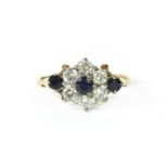 A 9ct gold sapphire and diamond cluster ring, with sapphire set shoulders, size N, London 19812.45g
