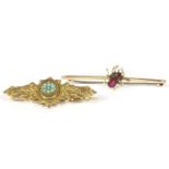 A Victorian 9ct gold split pearl and turquoise cluster bar brooch, a 9ct gold bar brooch set with