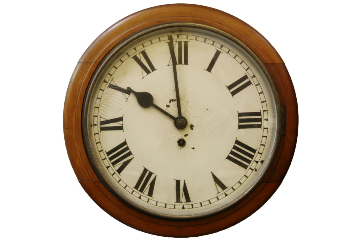 A 19th century circular mahogany cased fusee wall clock, with painted dial, 12inch dial (dial poor)