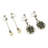 A pair of Art Deco gold and silver simulated pearl drop screw back earrings, with simulated pearl