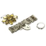 A late Victorian silver oval cut citrine cluster brooch, with ball beads, a silver six row gate-link