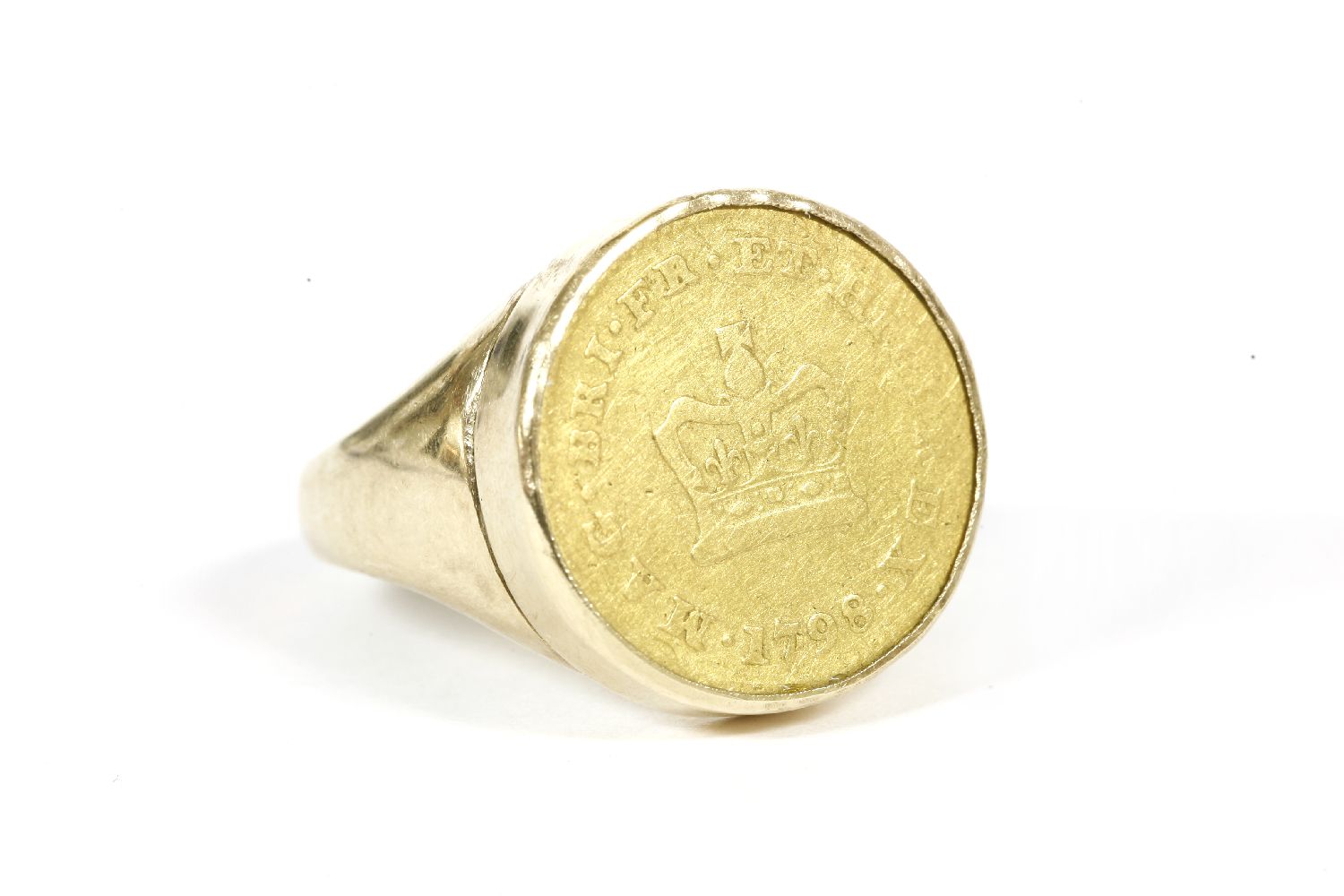 A coin dated 1798 rub set to a gold ring mount, marked 9ct, size Q,11.60g