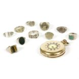 A rolled gold half Hunter pocket watch Signet Waltham, nine assorted silver rings, including a
