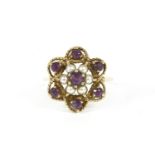 A 9ct gold amethyst and split pearl floral cluster ring,3.88g