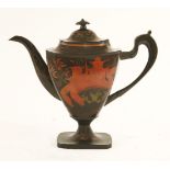An Usk japanned coffee pot, with chinoiserie decoration, typical black japanning and maroon
