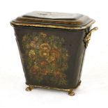 A Victorian toleware box and cover,of tapering form, painted with flowers within gilt borders,