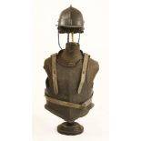 Cromwellian armour,a lobster tail helmet, breast and backplates on dummy (4)