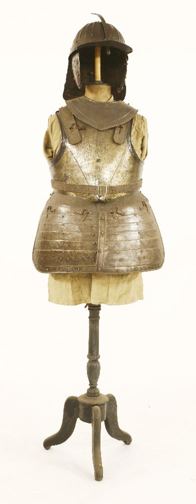 Cromwellian armour,a lobster tail helmet, neck piece, breast and backplates, two articulated groin