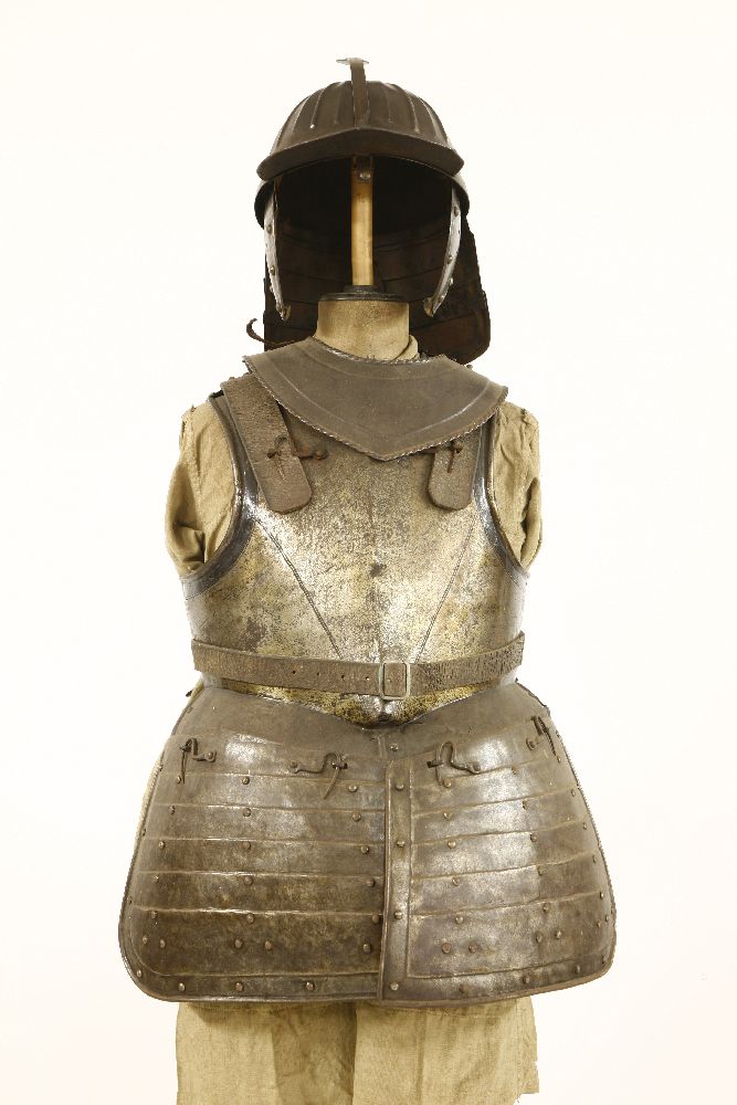 Cromwellian armour,a lobster tail helmet, neck piece, breast and backplates, two articulated groin - Image 2 of 3