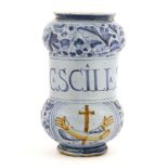 A Tuscan majolica dry drug jar,1683, of dumb-bell shape, inscribed 'Locscile sim' within floral