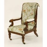 A William IV carved oak metamorphic armchair, with a foot rest, paper label inscribed 'Daw's