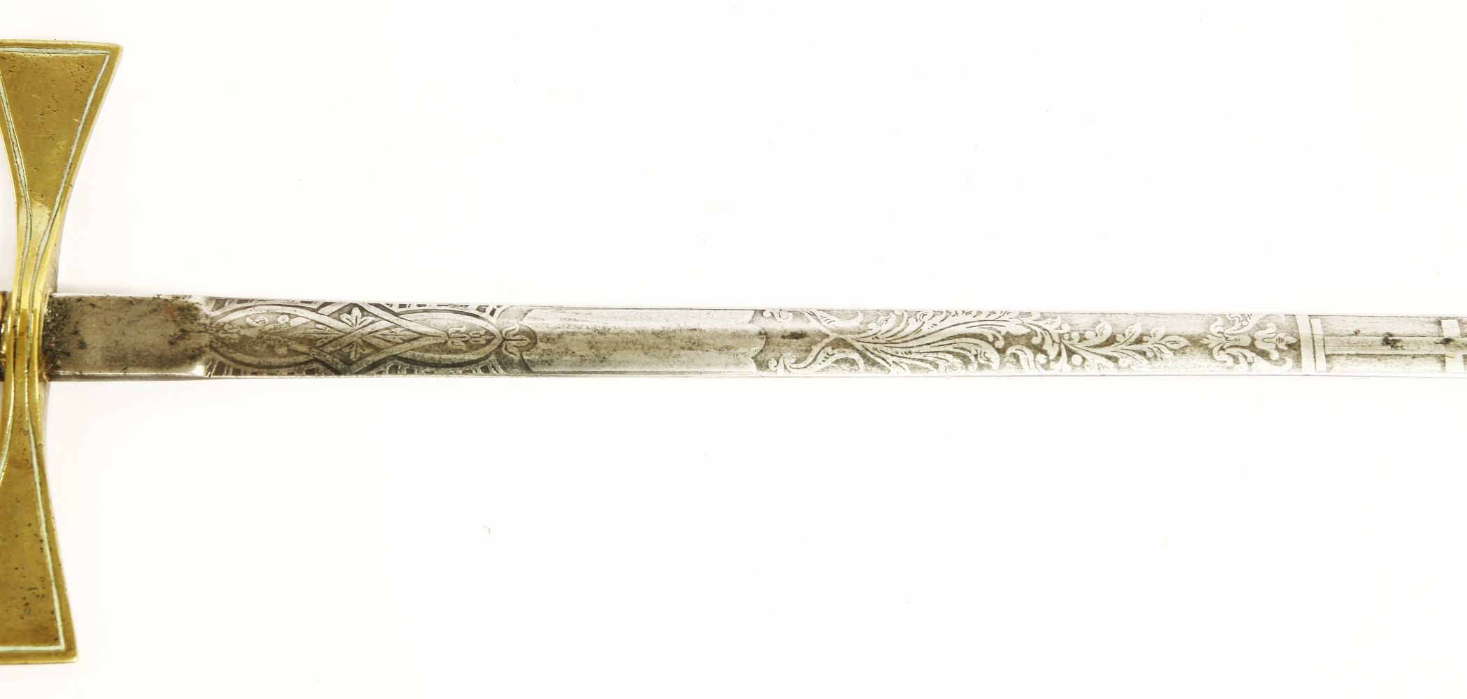 A brass hilt sword,with engraved blade, in a brass mounted black leather scabbard,sword 97.5cm (2) - Image 3 of 3