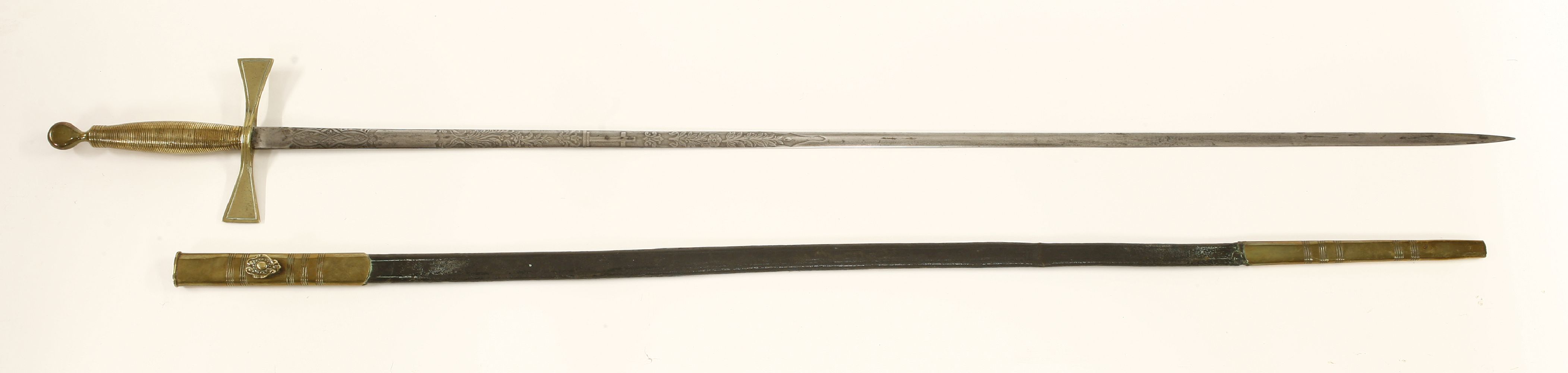 A brass hilt sword,with engraved blade, in a brass mounted black leather scabbard,sword 97.5cm (2) - Image 2 of 3