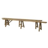 A pair of rustic elm long benches, each with 'A' shaped supports, each 250cm long (2)