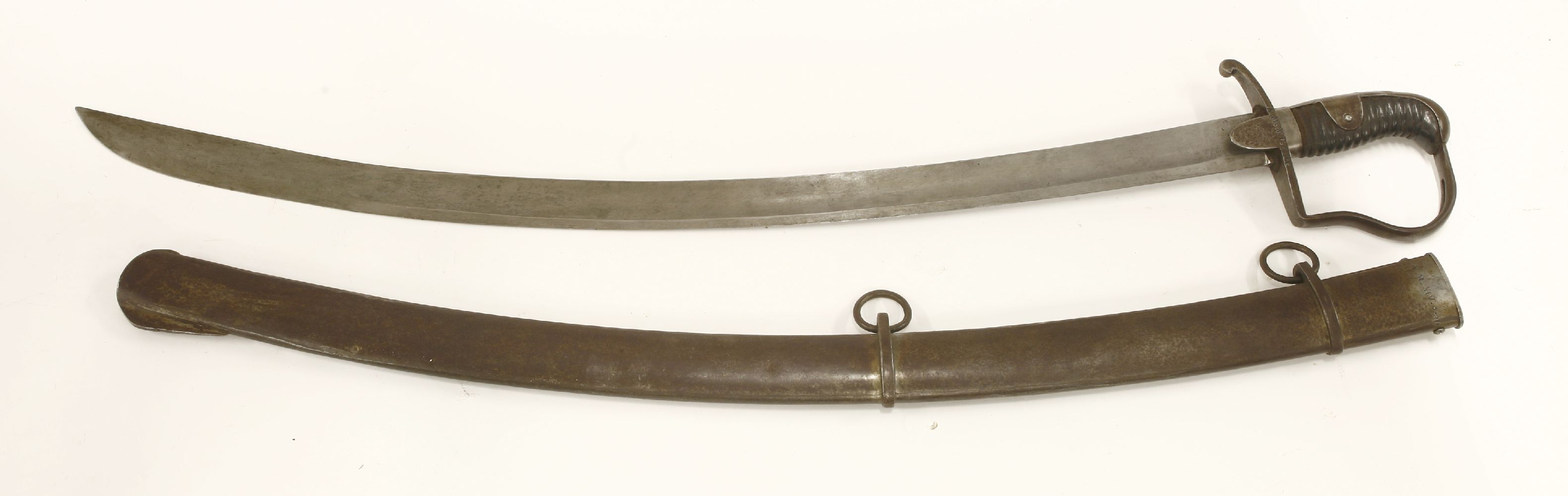 A Prussian cavalry sword and scabbard,hilt and scabbard impressed 'A.M. XlV. 5. 33',99cm long (2) - Image 2 of 3