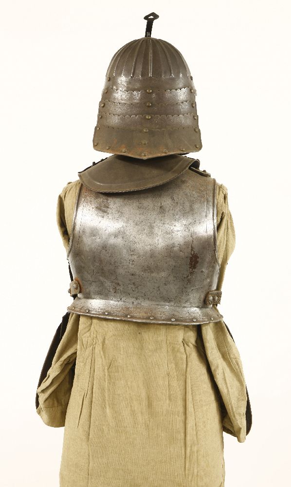 Cromwellian armour,a lobster tail helmet, neck piece, breast and backplates, two articulated groin - Image 3 of 3