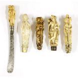 Four ivory cutlery handles,17th century, carved with figures, one mounted with a steel blade, anda