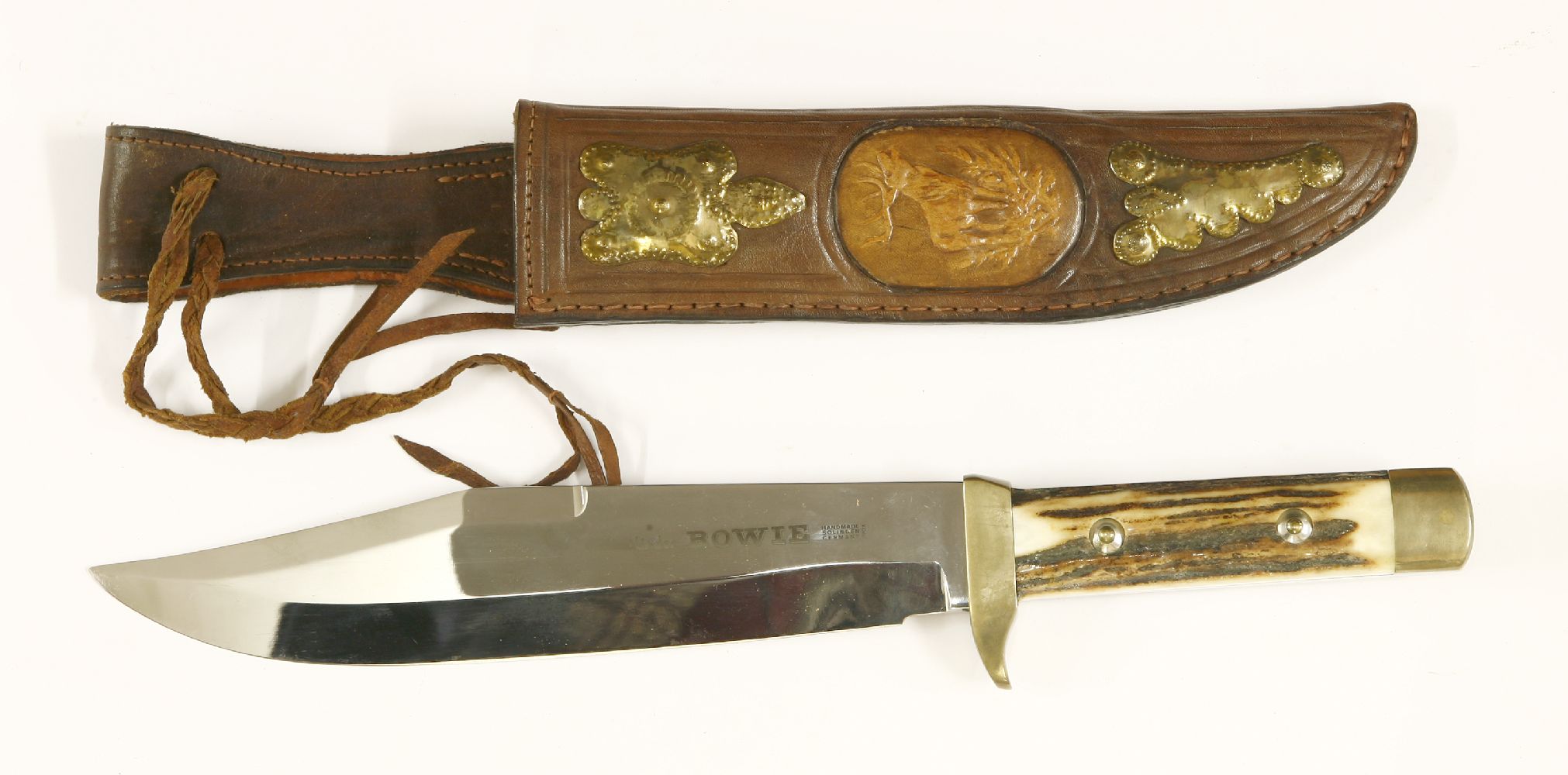 Two Bowie knives in leather scabbards,mid-20th century, one with walnut grip, the blade etched - Image 2 of 4