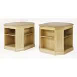 A pair of occasional tables, of square octagonal form, inset with leather tops and with