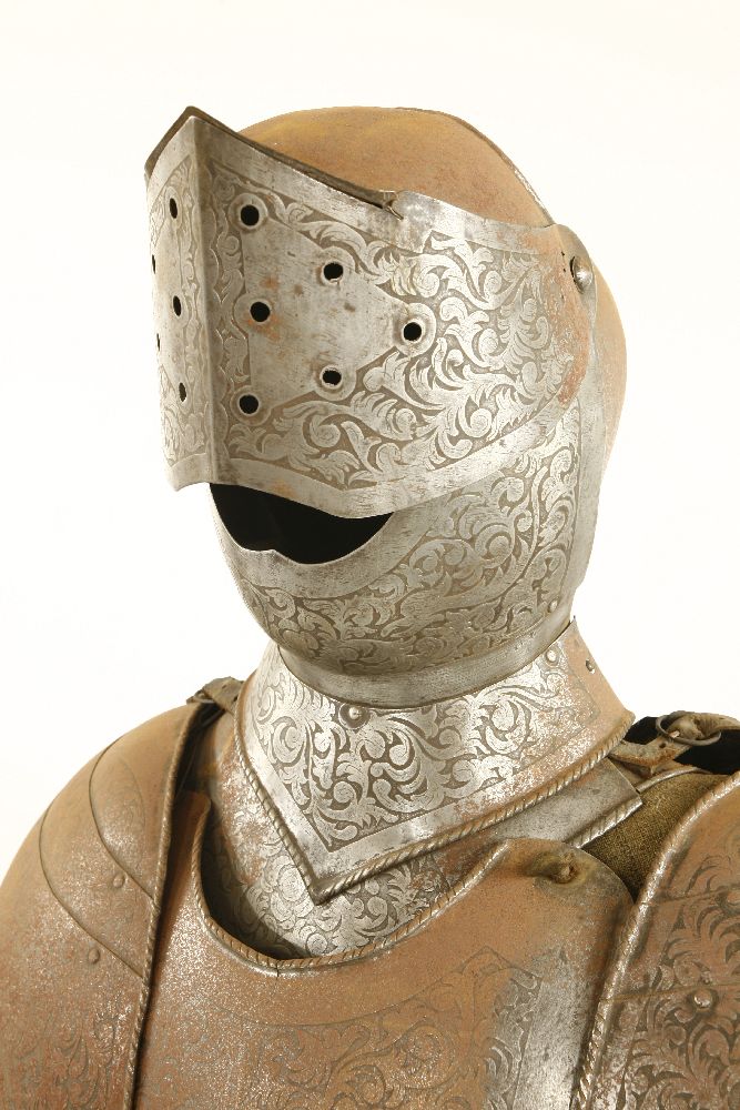 An engraved suit of armour,late 19th/early20th century, on a wooden stand,170cm high overall - Image 3 of 5