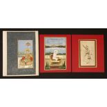 Three Indian miniatures,19th century, emperors, watercolour and gilt,23 x 15.5cm, 30 x 19cm