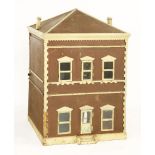 A doll's house, 20th century, painted in brown and cream, with doors opening each side, to reveal