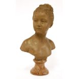 A terracotta bust of a girl,after Jean-Antoine Houdon, on a viewed marble socle,43cm high