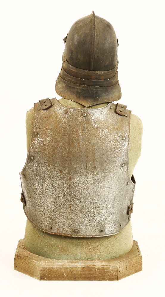 Cromwellian armour,a lobster tail helmet, with hinged face guard, breast and backplates, on a - Image 2 of 3