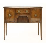 A strung mahogany bow front sideboard,with a central drawer and tambour within two deep drawers,97cm