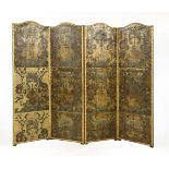 A Victorian leather four-fold screen,embossed and painted with urns and floral detailing