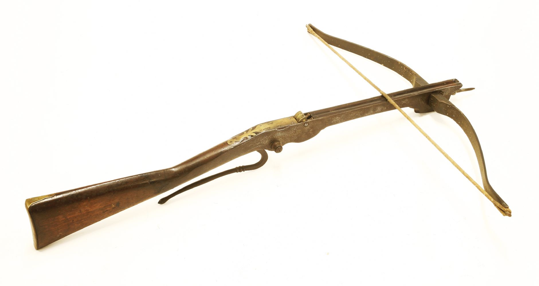 A wooden and iron crossbow, early 19th century,90cm long72cm wide, anda cranequin or goat's foot