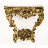 A French carved giltwood and painted console table, probably 18th century, with a serpentine