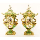 A pair of Minton 'New Vases' and covers,c.1835, model no. 219, painted with titled panels of the