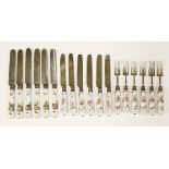 Porcelain-handled cutlery,comprising: six pairs of silver knives and forks, by Aaron Hadfield,