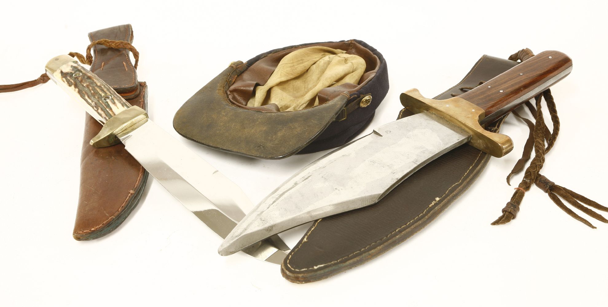 Two Bowie knives in leather scabbards,mid-20th century, one with walnut grip, the blade etched - Image 4 of 4