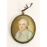 English School, late 18th centuryPORTRAIT OF A GENTLEMAN, BUST LENGTH, IN A GREY COATMiniature on