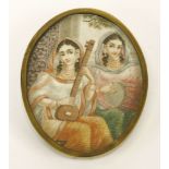 An Indian oval portrait miniature on ivory,in the Lucknow style, c.1800, two female musicians,