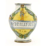 An Italian majolica wet drug jar,probably 17th century, painted in a ribbon reserve 'SY.D.