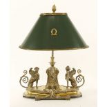 An Elkington & Co. brass desk lamp,19th century, of classical design, with a pair of sphinx dogs and