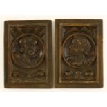 A pair of French walnut Romayne carved panels, 16th century, 20cm wide 28cm high (2)