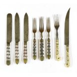 Three pairs of knives and forks,each with mother-of-pearl inlaid names 'Mrs Dmellow'; 'A E Dmellow