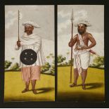 Tanjore School,c.1880, a Rajputana swordsman and lancer, watercolour,27 x 12cm (2)