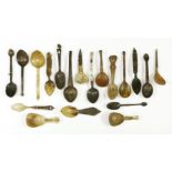 A collection of treen and horn spoons,17th century and later, including folding examples (19)