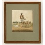 An Indian company watercolour,c.1800, a dog boy with three hunting dogs and a European bungalow