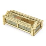 A Napoleonic bone prisoner of war dominoes box,the arched sliding top with four painted figural